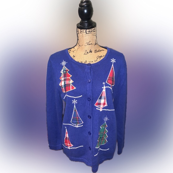 Vintage Sweaters - Vintage Festive Blue Knit Sweater Embroidered Sequins Plaid Trees Snowflakes XL